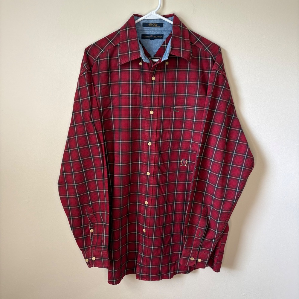 Vintage Tommy Hilfiger Shirt Mens L Red Plaid Crest Logo Button Down 90s Cotton